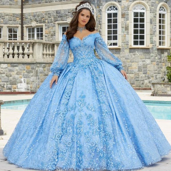 2024 azul cielo con cuello en V vestido para quinceañeras apliques cuentas de flores hechas a mano Vestidos De baile Vestidos De 15 anos