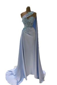 2023 Sky Blue Velvet Prom Dresses Mermaid One Shoulder Strap Sequins Mouwloze plooien Op maat gemaakte avondjurk formele gelegenheid Draag Vestidos plus maat