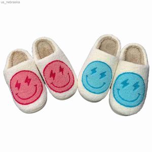 2023 Smile Face Lightning Blue Pink Cute Warm Indoor Family Slippers Winter Shoe For Adults And Children