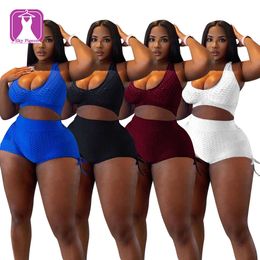 2023 Solid Color Seersucker 5xl Plus Size 2 Piece Sets Summer Vest Top Side Shorts Women Mujeres Trajes de dos piezas