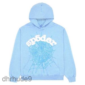 2023 Sp5der 555555 Hoodies Heren Dames Engel Nummer Bladerdeeg Afdrukken Grafisch Spinneweb Sweatshirts Streetwear Topkleding Lichtblauw DKGN