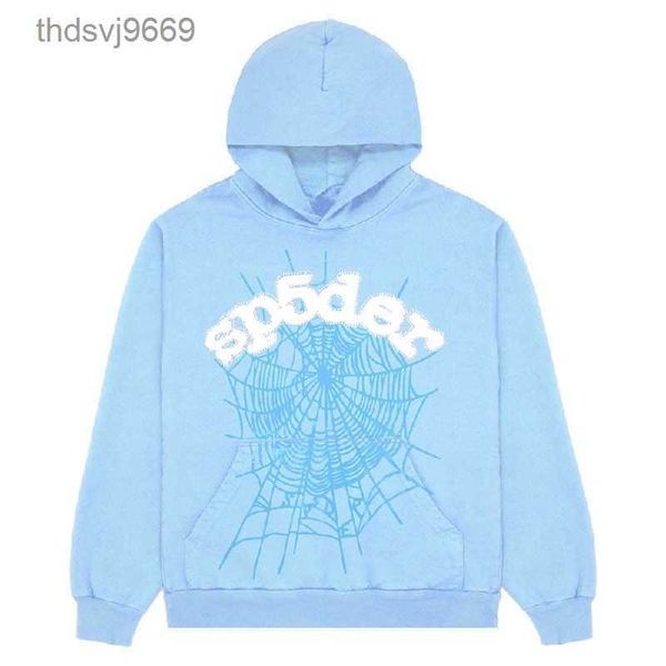 2023 Sp5der 555555 Sweats à capuche Hommes Femmes Angel Number Feuilletée Impression Graphique Spider Web Sweatshirts Streetwear Top Vêtements Bleu Clair Syfg