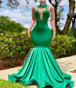 2023 Sparkle Green Pailletten Crystal Mermaid Prom Dresses Sexy Backless avondjurken Halter Neck Women Formele feestjurk Custom MA4944393
