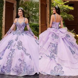 2023 Sparkle Sequin Lavender Quinceanera Robes Robes de bal Deux sangles avec manches détachables plus de taille et de taille formelle BC15049 GW0210 306L