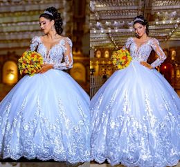 2023 robes de mariée en dentelle florale scintillante appliques manches longues encolure bateau dos creux robe de bal robe de mariée fête formelle femmes