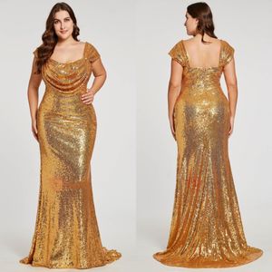 2023 Sparkly Gold lovertjes plus size size prom jurk vierkante nek zeemeermin ritssluiting rug vloer lengte ruches nieuwe optochtjurk 2009