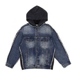 2023 Speciale heren jeans jas op maat gewassen noodlijdende blauwe denim patchwork Jean Jacket for Men Slub Cotton Hoodie