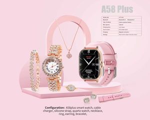 A58 Plus 2024 Dames Luxe Gouden Horloge Unieke Cadeauset Dames Gouden Ketting Ring Dubbele Band Dames Smart Horloge A58 PLUS A58