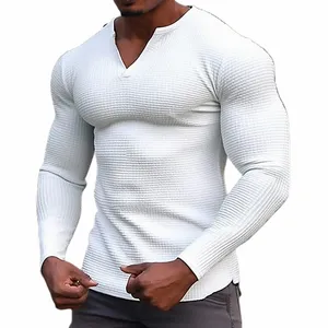 2023 Printemps et automne T-shirt gaufré décontracté pour hommes Vêtements Fitn Muscle T-shirt Lg Manches Solide Col V Basique Respirant Top h3il #