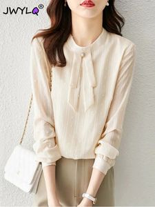 2023 Lente Herfst Chiffon Lange Mouw Dameskleding Elegante Chic Boog Oneck Dun Shirt Effen Kleur Trui Blouse Vrouwen 240304