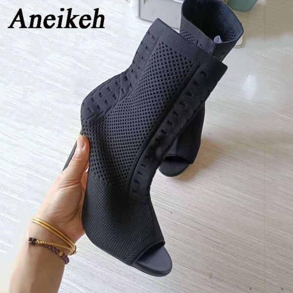 2023 Spring Automne Tri Tritt Stretch Tissu Botkle Boots Peep Toe Thin High Heel Sexy Cut-Out Shoes Classics Boties Black