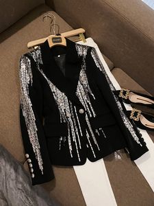 2023 primavera negro Color sólido con cuentas Blazers manga larga solapa con muesca lentejuelas doble botonadura prendas de vestir abrigos O3F152085