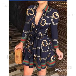 2023 Lente Casual Jurken Plus Size 3XL Vrouwen Lace Up Button Down Chain Gedrukt Revers Hals Feestjurk Sexy Bandage rok 211 T230808