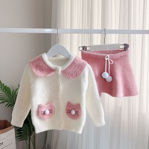 2023 Vêtements de printemps Ensemble pour les bébés filles Princesse Sweater en cachemire mignon Mignon Oreilles de lapin Childret Cardigan Pull avec des jupes