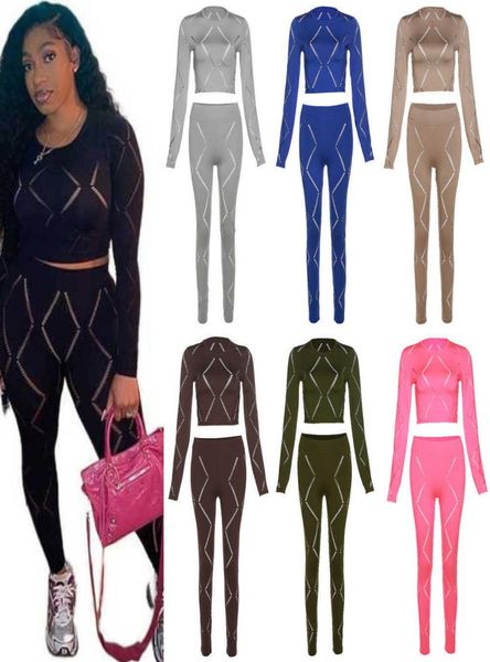 2023 Spring Otoño Diseñador de chándal para mujer Pantalones de 2 piezas Juego sexy Hueco Hollow Wisting Leggings apretados Trajes Bodysuits9495207