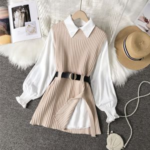 2023 Spring Fall Dames Two -Piece Shirt Shirt Blouse Sets Casual Lantern Sleeve gebreide Vest Suits College Style Tops