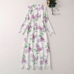 2023 Primavera Vestido bordado con estampado floral Manga larga Cuello redondo con paneles Midi Vestidos casuales A3A101500 Talla grande XXL