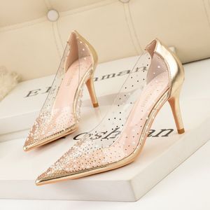 Spring Golden Rhingestone PVC Femmes transparentes pompes hautes talons sexy