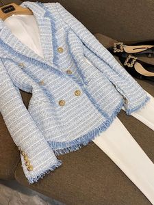 2024 Spring Blue Houndstooth Panel met tweed Blazers met lange mouwen met lange mouwen gekotte Lapel-knoppen Dubbelstillige uitklapen Out-meter lagen O4W292332
