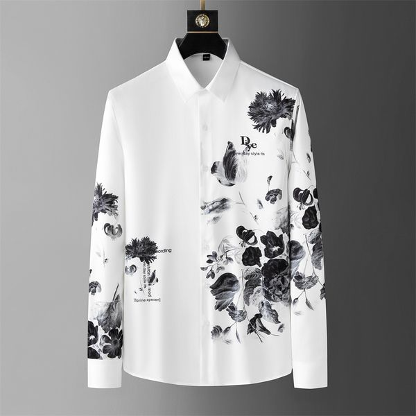 Chemise à manches longues pour hommes, décontractée, avec lettres imprimées, lavage à l'encre, tenue formelle d'affaires, haut de fête sociale, printemps 2023