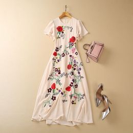 2023 Spring Ivory Roze bloemen borduurwerkjurk korte mouw ronde nek midi casual jurken s3m020302 plus size xxl