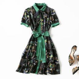 2023 Spring Lapel Neck Silk Floral Print Belted Dress Black Short Sleeve Single-Breasted Casual Dresses C2S123197 Without Photo Ribbon