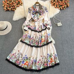 2023 Primavera Leopardo Flor Maxi Vestido Mujer Pajarita Collar Manga larga Estampado floral Cascada Encaje Costura Pastel Fiesta Vestidos170r