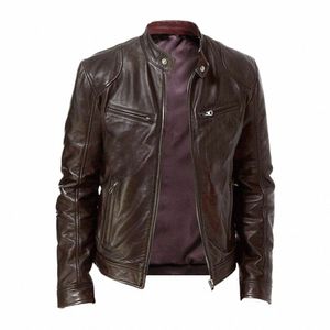 2023 Lente Mannen Opstaande Kraag Slanke Leren Jas Bruin Zwart Ritsvak Decoratieve Pu Jas Biker Mannen Kleding casual Mannelijke M24P #