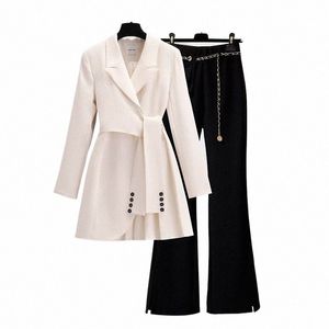 2023 Printemps Nouveau costume plissé à lacets Dr Veste Blazer Pantalon à chaîne Deux pièces Pantalons élégants pour femmes Costume Tenues de bureau L1NY #