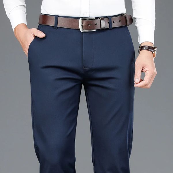 Pantalones informales de fibra de bambú para hombre, pantalón informal, estilo clásico, moda de negocios, color caqui, elásticos, de algodón, primavera 2023