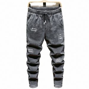 2023 Printemps Nouveaux hommes de grande taille déchiré gris jeans cordon design stretch denim pantalon mâle marque 5XL 6XL 7XL 8XL 9XL 10XL L3ni #
