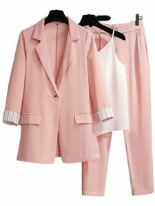 2023 lente nieuwe plus size Koreaanse elegante vrouwen pak vrouwelijke blazer vrijetijdsbroek Tweed jasje driedelige jas broek set K1jg #