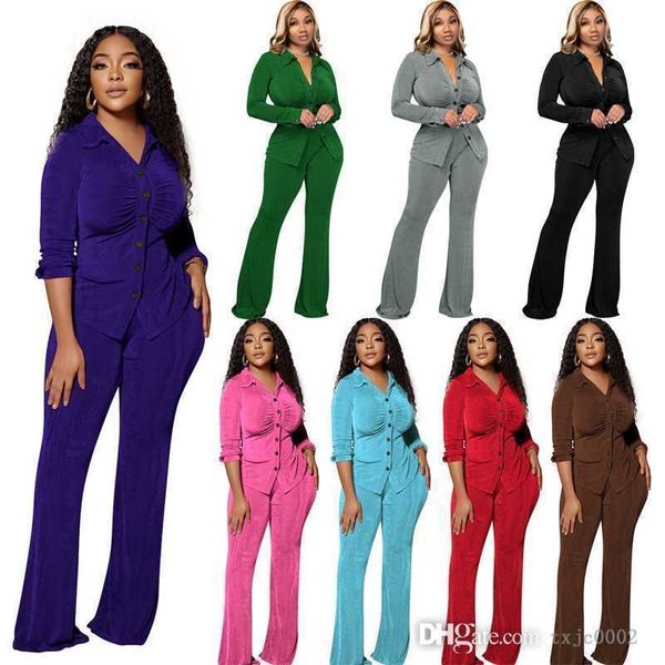 Costume deux pièces pantalon évasé pour femmes, chemisier Sexy, petit haut, pantalon à jambes larges, tenue boutonnée, ensembles en velours plissés, nouvelle collection printemps 2023