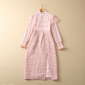2023 Spring roze / blauwe panelen Tweed Split -jurk lange mouwkraag knoppen midi casual jurken s3f131623 plus size xxl
