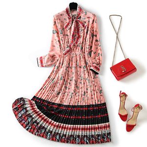 Robe mi-longue avec nœud papillon et ruban imprimé Paisley rose, manches longues, col rond, plissée, taille élastique, robes décontractées, printemps 2023, M3F083008