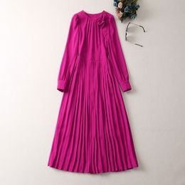 2023 printemps violet couleur unie lambrissé robe à manches longues col rond plissé midi robes décontractées S3F280104 grande taille XXL