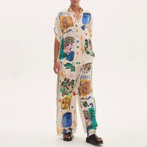 Australie 2023 nouvelle couture femmes deux pièces ensemble décontracté ample Graffiti imprimé chemise et taille haute jambe large pantalon femmes