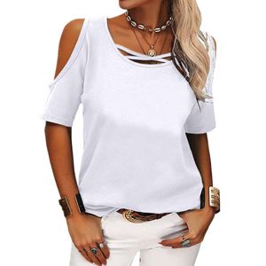 2023 Lente/zomer Cross Border Amazon Wish Damesmode en casual effen kleur Off-shoulder los T-shirt met korte mouwen voor dames in Europa en Amerika