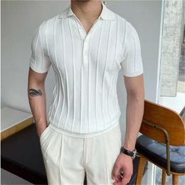 2024 Lente Zomer Gebreid Poloshirt Mannen Casual Turn-down Kraag Knop Mode Gestreepte Solid Slim Tops Ijs Zijde katoenen T-shirt S-2XL