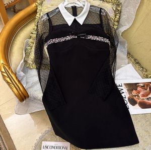 2023 printemps/été Sexy femmes robe Perspective maille jupe noir Slim Fit strass petit revers