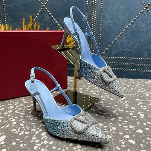 2023 Lente Zomer Slanke Hak Hakken Hoge Hakken Puntige Leer Strass Senior Dames Schoenen Luxe Designer Veterschoenen Trouwschoenen 8cm Maten 35-43 + Doos