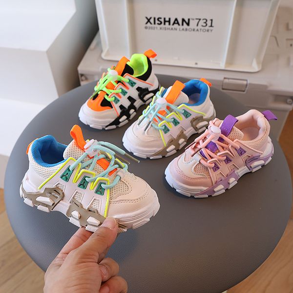 2023 Primavera Verano Spell Color zapatos de tendencia para niños Premium Pu cuero malla empalme zapatos casuales para niños zapatillas de deporte para niñas