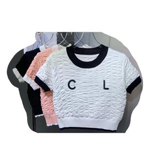 2023 primavera/verano camiseta nueva mujer Bubble Fold pequeña fragancia contraste cuello redondo manga corta pecho bordado de letras TopS-L de moda