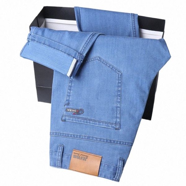 2023 Printemps / Été Mince Denim Droit Cott Stretch Jeans Hommes Busin Casual Tissu Taille Haute Soie Glace Pantalon Léger O3zI #