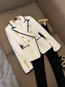 2023 Tweed Blazers Met Lenteversiering Witte Contrasterende Kleur Lange Mouwen Met Revers Met Franje Panelen Double-Breasted Uitloperjassen O3F152332