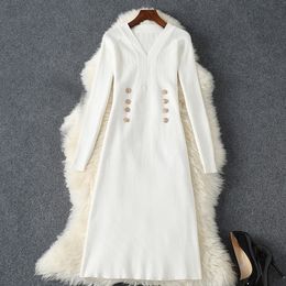 Robe crayon tricotée blanche, couleur unie, manches longues, col en v, boutons, Mini robes décontractées, printemps 2023, M3M03B691