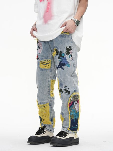 2023 Streetwear jean hommes déchiré Denim pantalon Harajuku broderie florale Hip Hop pantalon survêtement coton rétro Denim jean pantalon