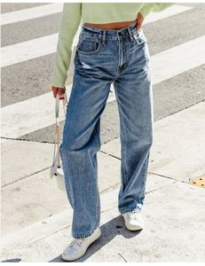 2023 Stretch Jeans pour femmes Casual Ripped Wide Leg Jeans pour femmes Vintage taille haute Easymatch droite