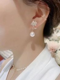 Boucles d'oreilles en perles pour femmes, fleur exquise, brillantes, AAA, Zircon CZ, bijoux de mariage, 2023