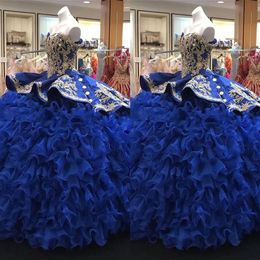 2023 superbe robe de bal robe de Quinceanera bleu royal et or perlé brodé organza à volants princesse à plusieurs niveaux robe douce 16 P252q